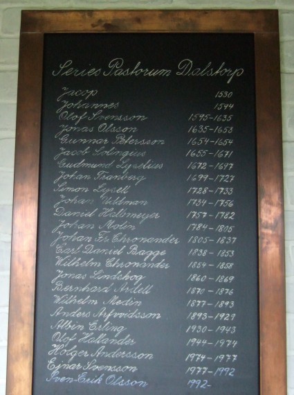 I Daltorps kyrkoherdel&auml;ngd i den moderna kyrkan noteras - Jacob Solingius 1655-1671
- Gudmund Lyselius 1672-1697 - Johan Tranberg 1699-1727 - Simon Lysell 1728-1733 /Pr&auml;stsl&auml;kt/