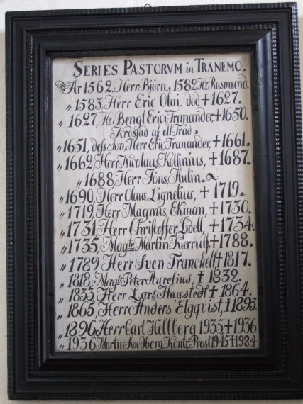 Tranemo kyrkoherdetavla - Eric Olai 1583-1627 - Bengt Eric Tranander 1627-1650
Krossad af ett tr&auml;d - Eric Tranander 1650-1661 - Nicolaus Kollinius 1662-1687 /Pr&auml;stsl&auml;kt/
